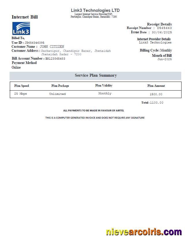 Bangladesh Link3 Technologies LTD utlity bill